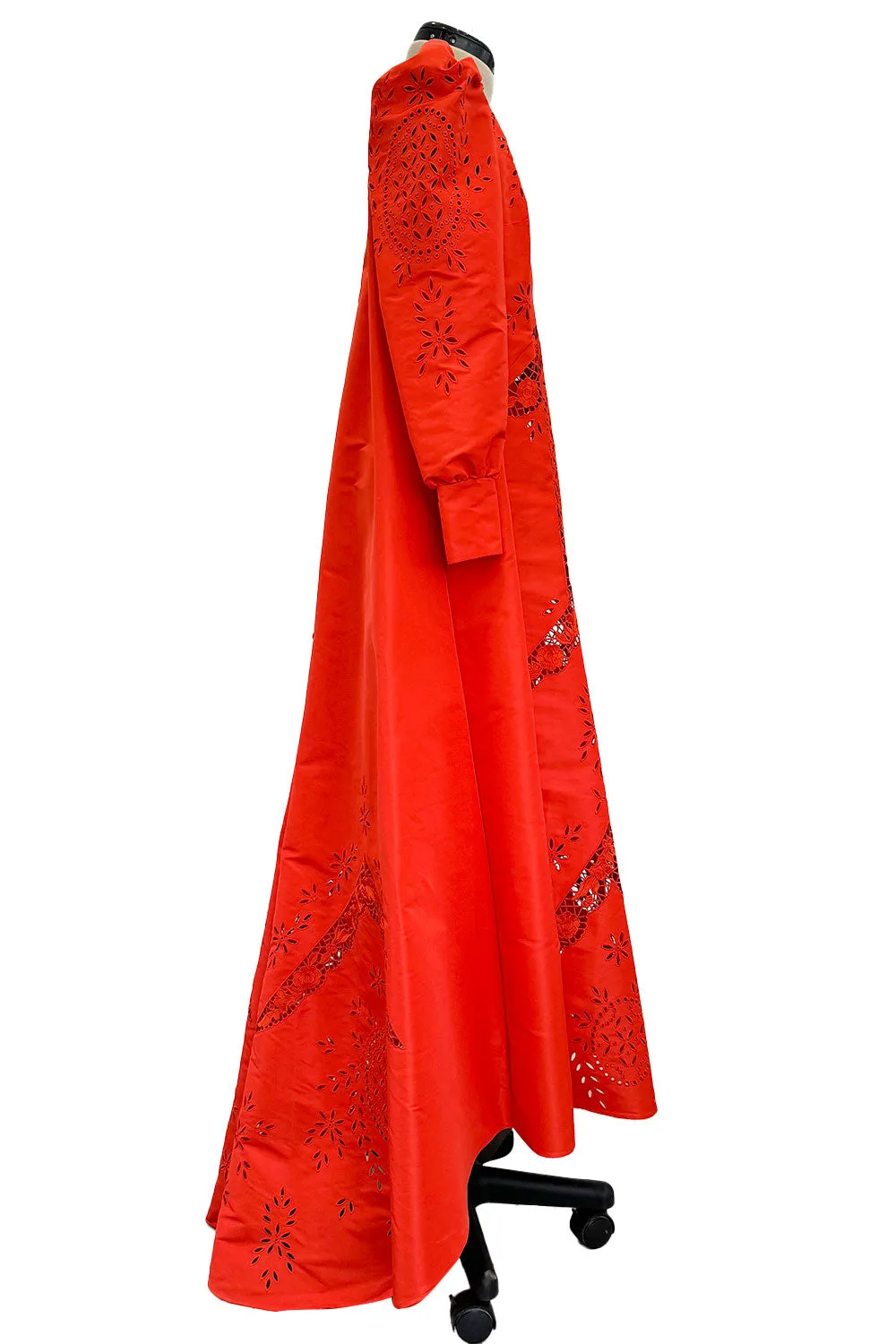 Spring 2020 Erdem Runway Look 41 Coral Red Embroidered Cut-Out Runway Dress w Buttoned Train