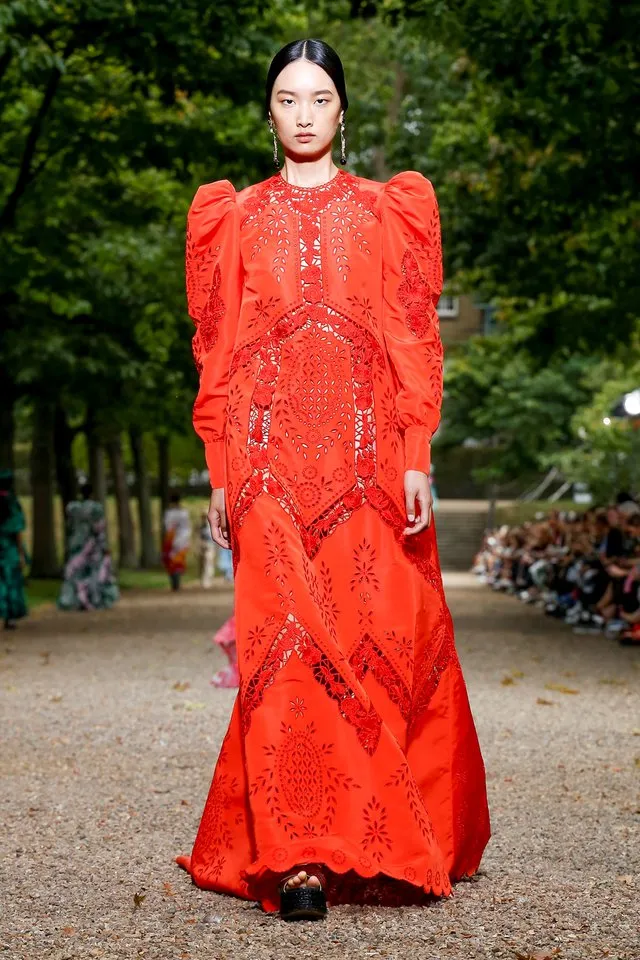 Spring 2020 Erdem Runway Look 41 Coral Red Embroidered Cut-Out Runway Dress w Buttoned Train