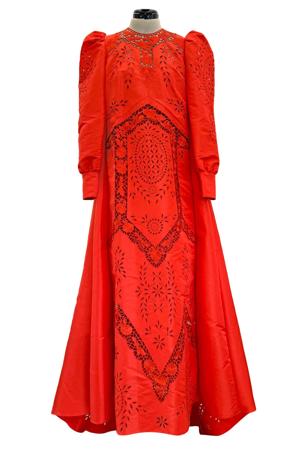 Spring 2020 Erdem Runway Look 41 Coral Red Embroidered Cut-Out Runway Dress w Buttoned Train