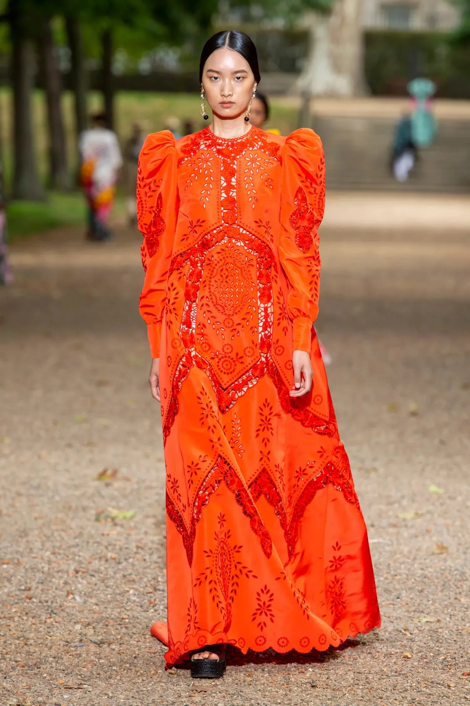 Spring 2020 Erdem Runway Look 41 Coral Red Embroidered Cut-Out Runway Dress w Buttoned Train