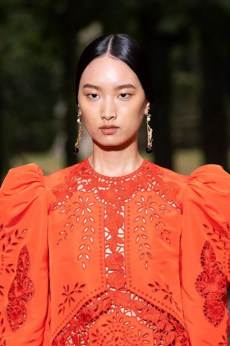 Spring 2020 Erdem Runway Look 41 Coral Red Embroidered Cut-Out Runway Dress w Buttoned Train