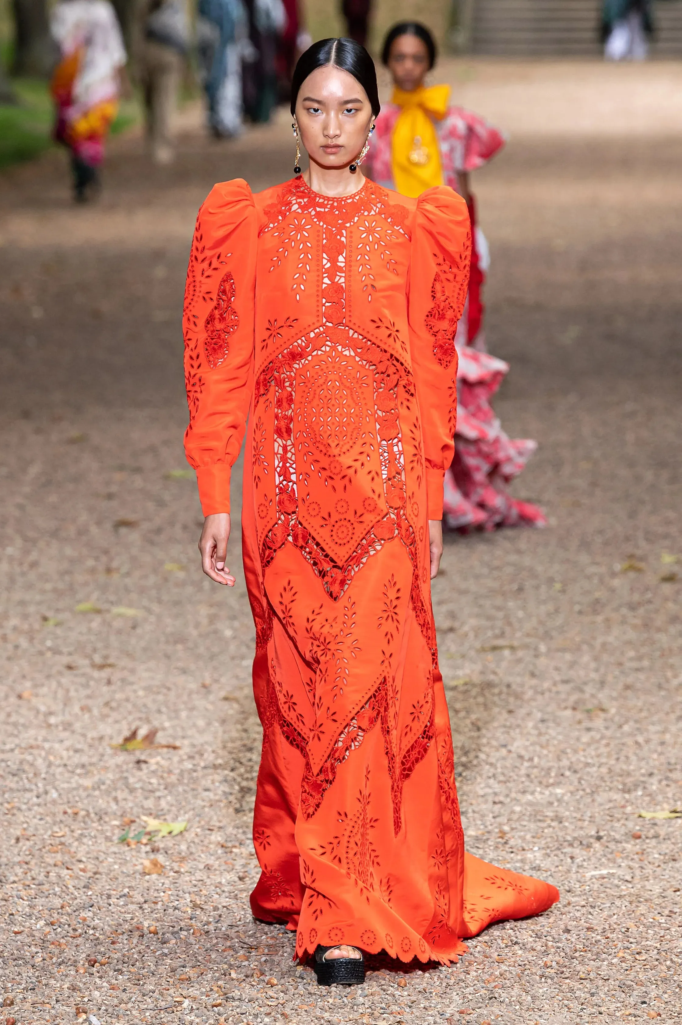 Spring 2020 Erdem Runway Look 41 Coral Red Embroidered Cut-Out Runway Dress w Buttoned Train