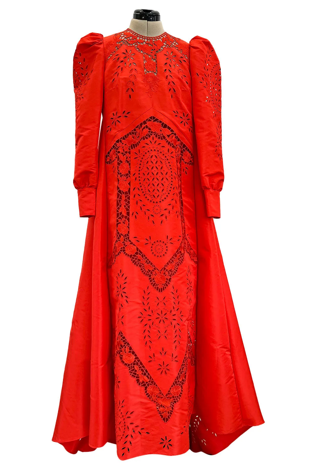 Spring 2020 Erdem Runway Look 41 Coral Red Embroidered Cut-Out Runway Dress w Buttoned Train