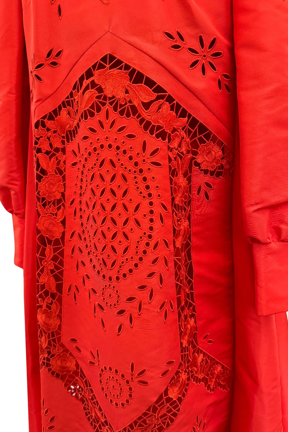 Spring 2020 Erdem Runway Look 41 Coral Red Embroidered Cut-Out Runway Dress w Buttoned Train