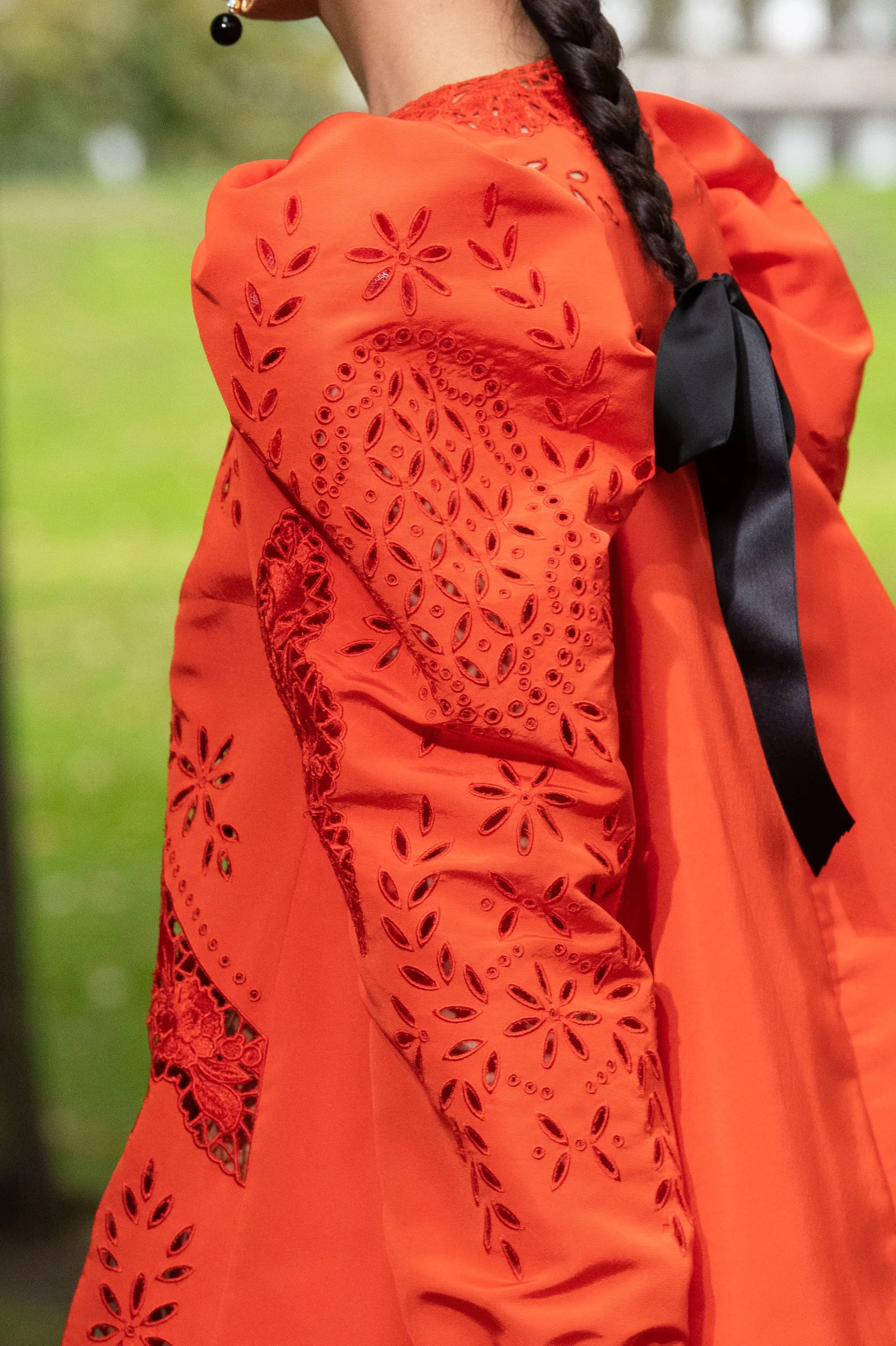 Spring 2020 Erdem Runway Look 41 Coral Red Embroidered Cut-Out Runway Dress w Buttoned Train