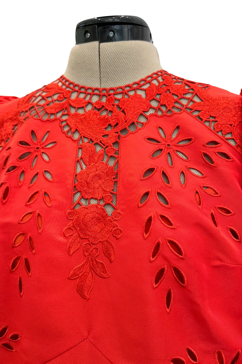 Spring 2020 Erdem Runway Look 41 Coral Red Embroidered Cut-Out Runway Dress w Buttoned Train