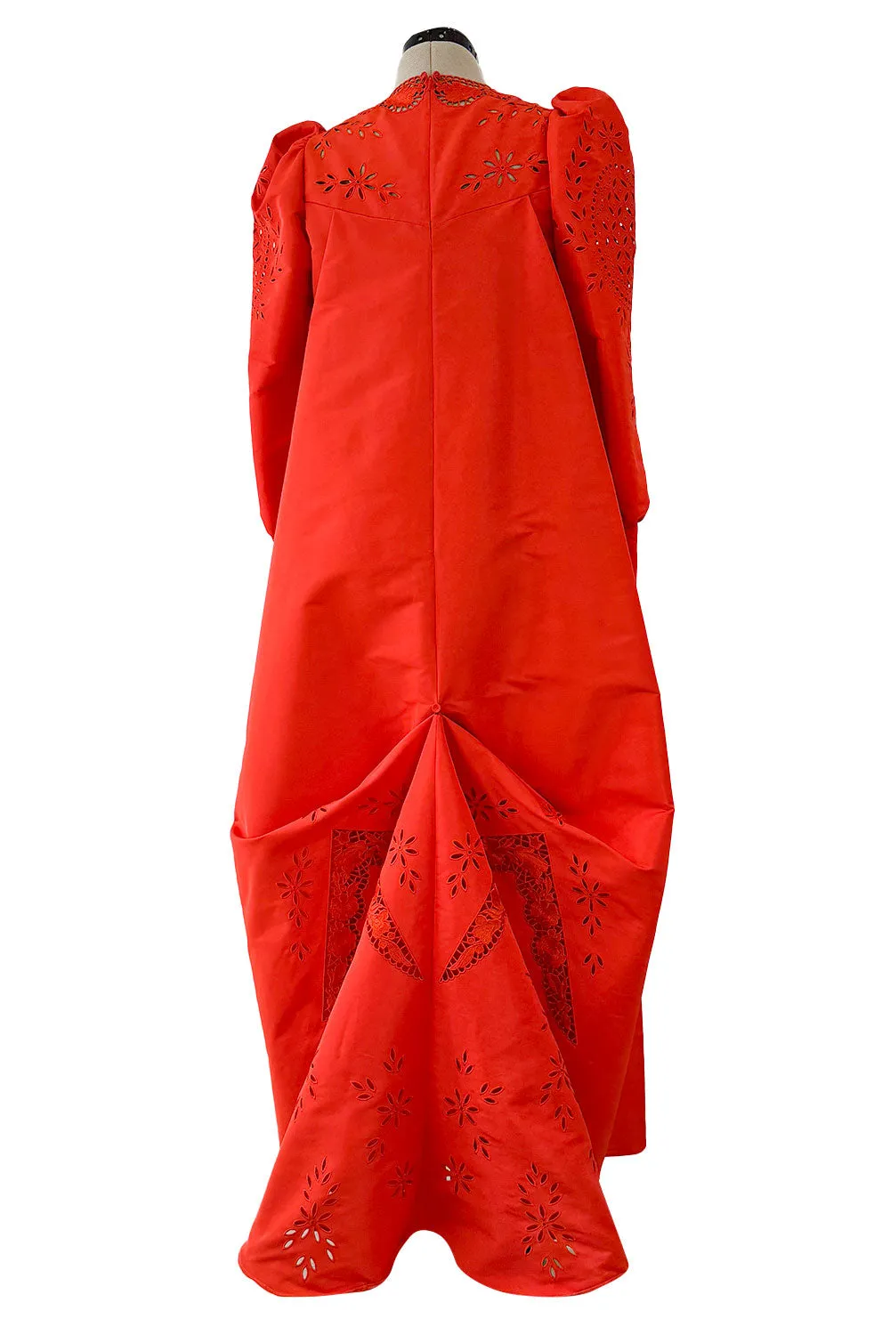 Spring 2020 Erdem Runway Look 41 Coral Red Embroidered Cut-Out Runway Dress w Buttoned Train