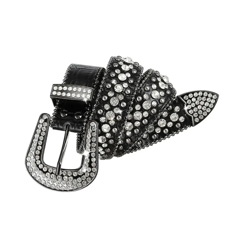 Western Black Strap With Crystal & Metal Studded Rhinestone Belt