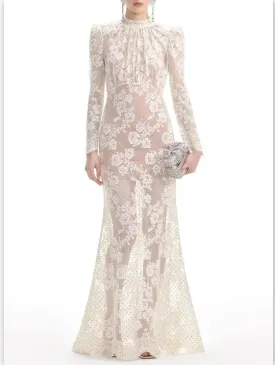 Women’s Crystal and Lace Long-Sleeve Maxi Dress