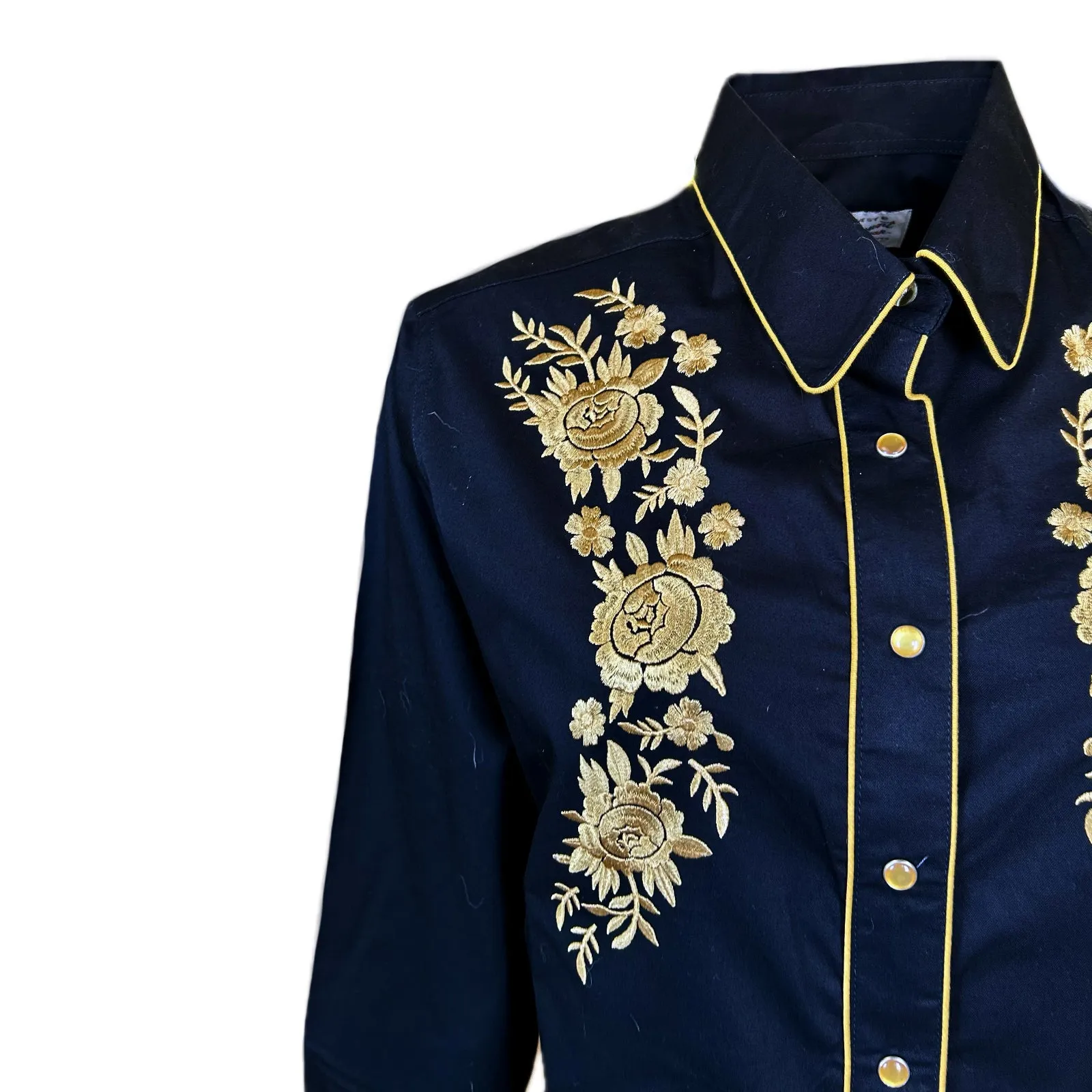 Women's Vintage Cascading Floral Embroidery Black Western Shirt